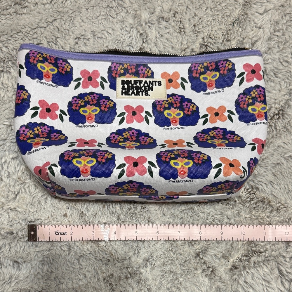 Bouffants & Broken Hearts Floral Cosmetic Bag - White with Purple Floral Print